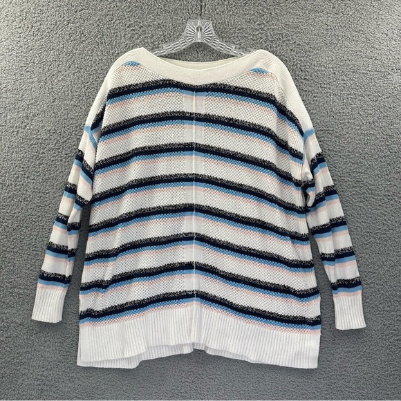 LOFT Long Sleeve Boat‎ Neck Striped Sweater White Blue Pink Women's Medium - Picture 1 of 8